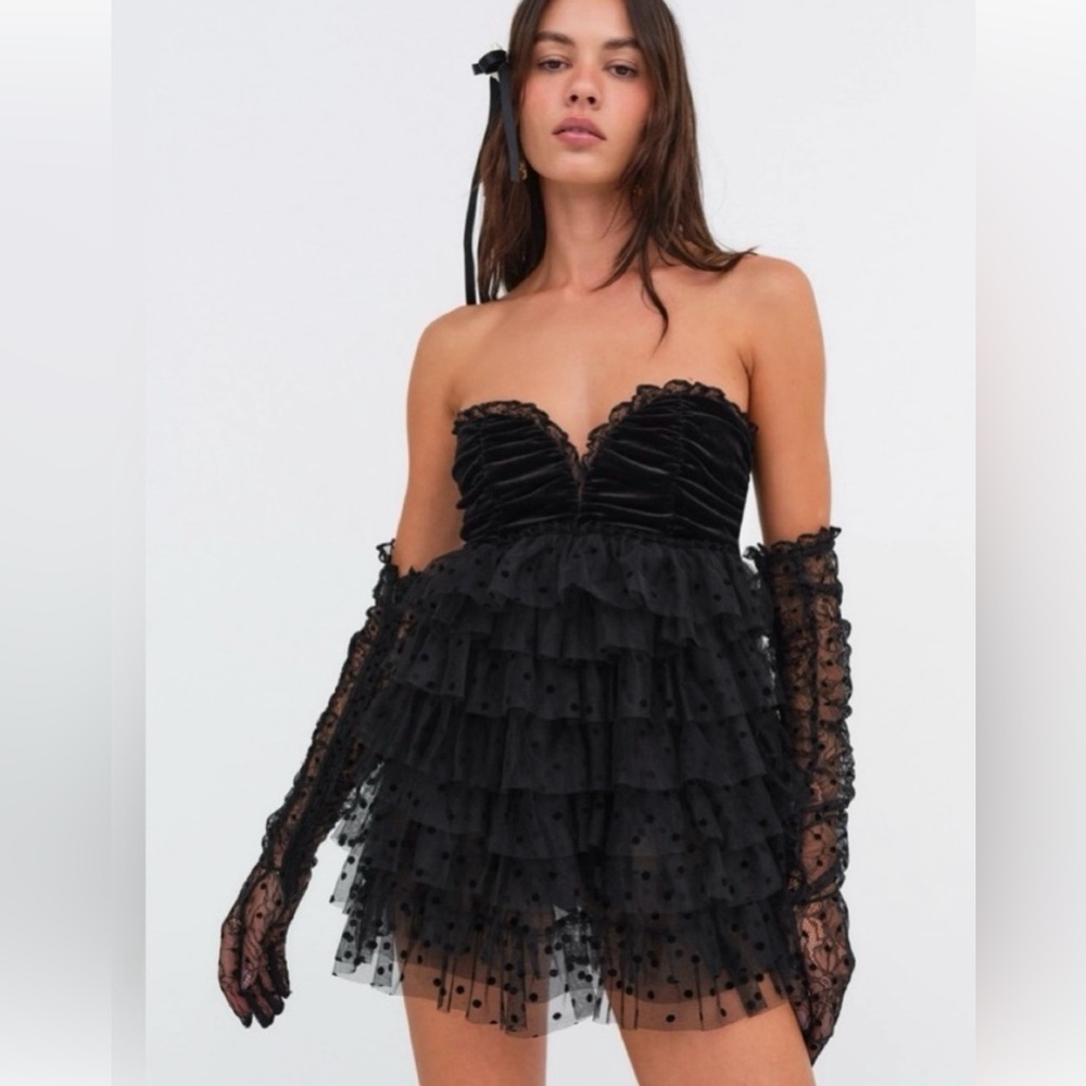 For Love And Lemons Black Strapless Ruffled Mini Dress